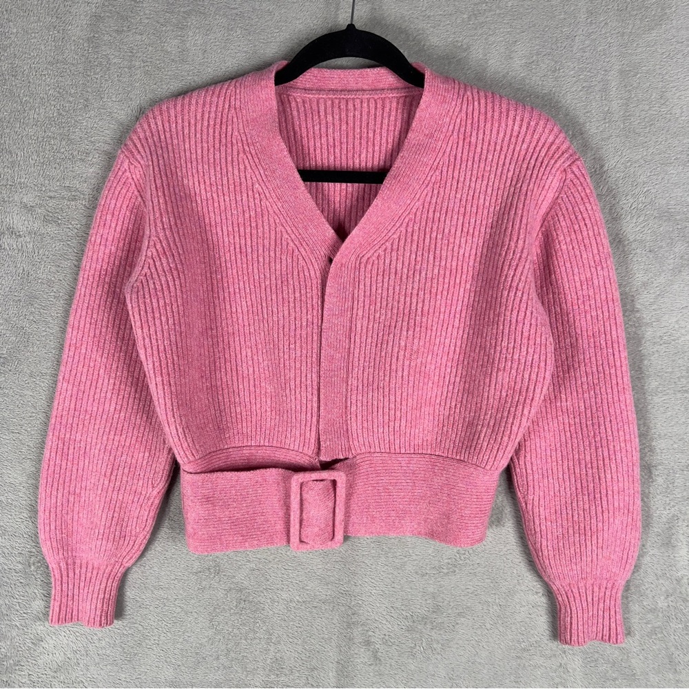 Victoria Beckham Belted Rib-Knit Wool‎ Cardigan Women's Size 2 Pink Sweater